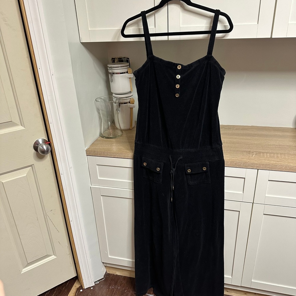 Juicy Couture Jumpsuit Womens S Black Terry Cloth Y2K Gold Buttons Wide Leg VTG - Picture 2 of 14
